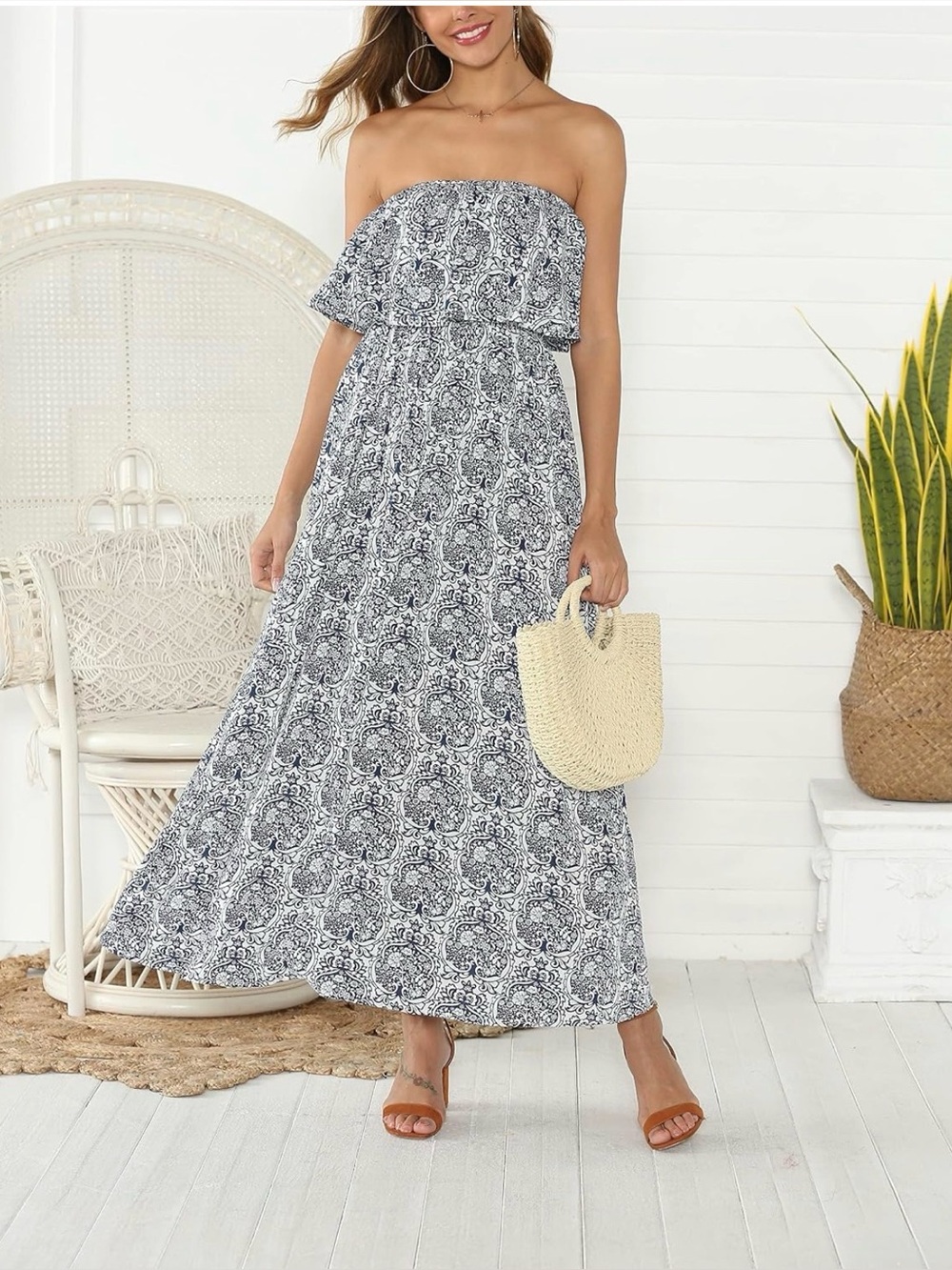 NWOT Off-Shoulder Blue and White Printed Maxi Dress